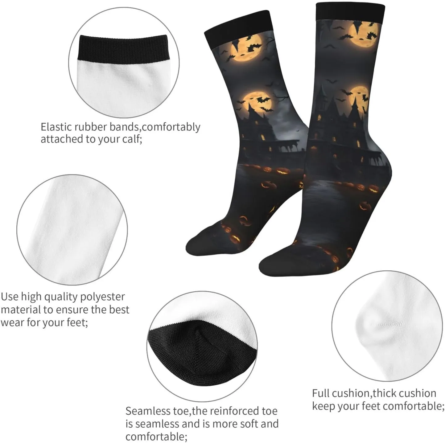 Halloween Goth Print Fun Contrast Socks,Novel Crazy Cool Socks,Pattern Funky Novelty Socks,Unisex Bulk Socks