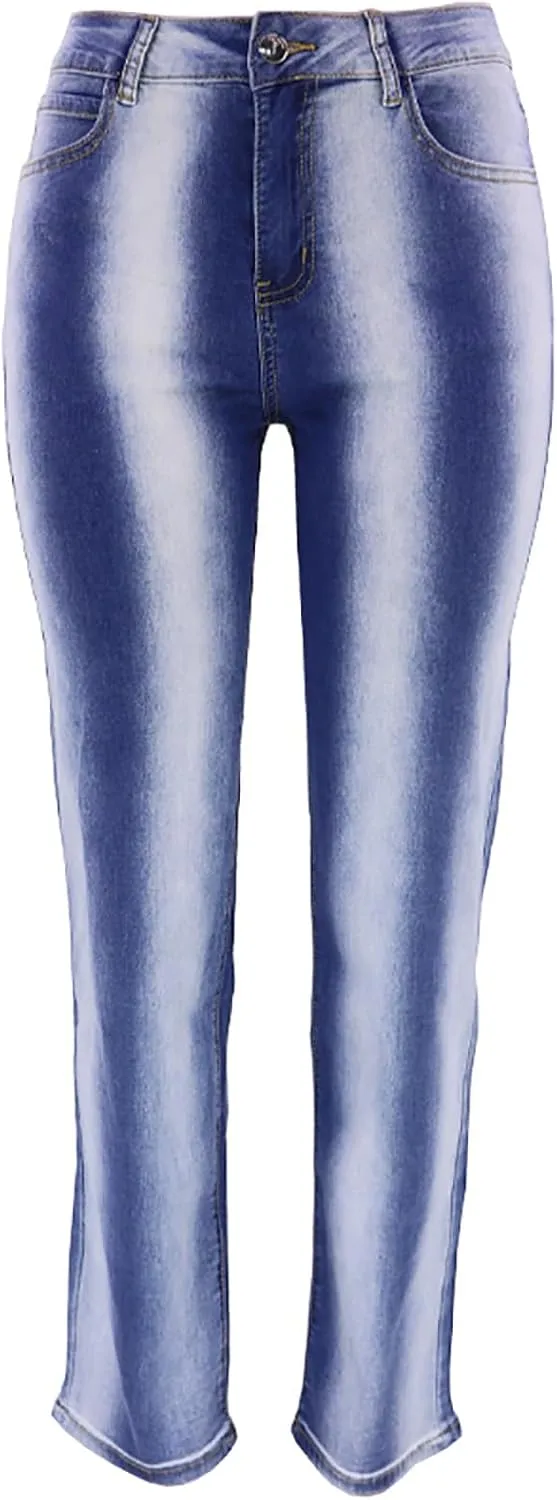 HGps8w Women's Plus Size Gradient Flare Jeans, Chic High Waisted Skinny Casual Streetwear Denim Pants with Pockets