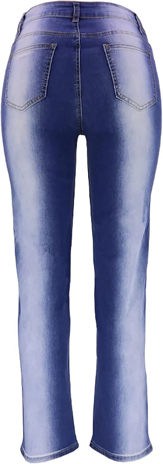 HGps8w Women's Plus Size Gradient Flare Jeans, Chic High Waisted Skinny Casual Streetwear Denim Pants with Pockets