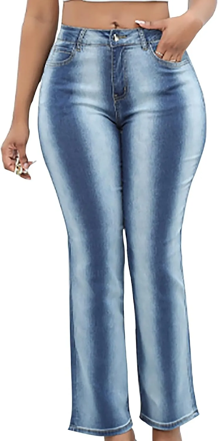 HGps8w Women's Plus Size Gradient Flare Jeans, Chic High Waisted Skinny Casual Streetwear Denim Pants with Pockets