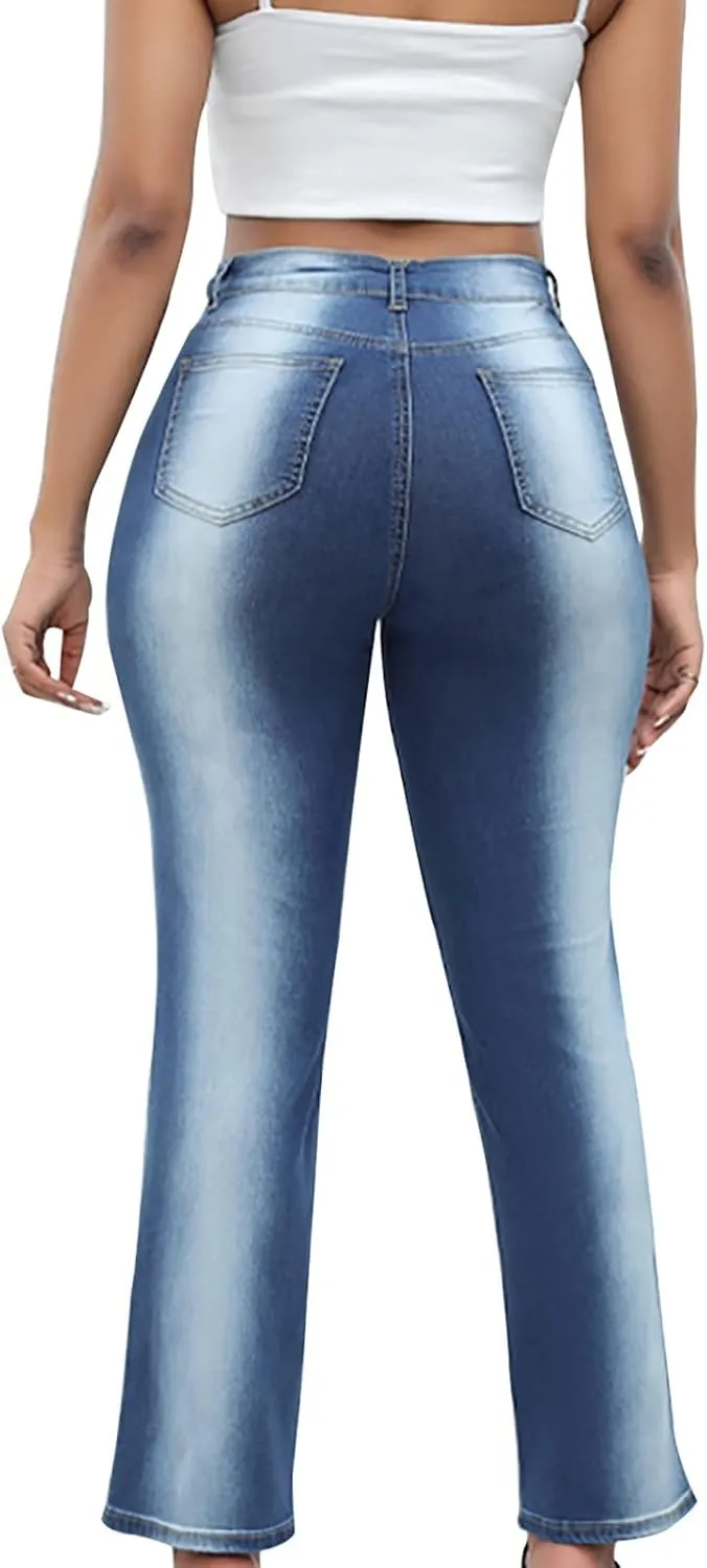 HGps8w Women's Plus Size Gradient Flare Jeans, Chic High Waisted Skinny Casual Streetwear Denim Pants with Pockets