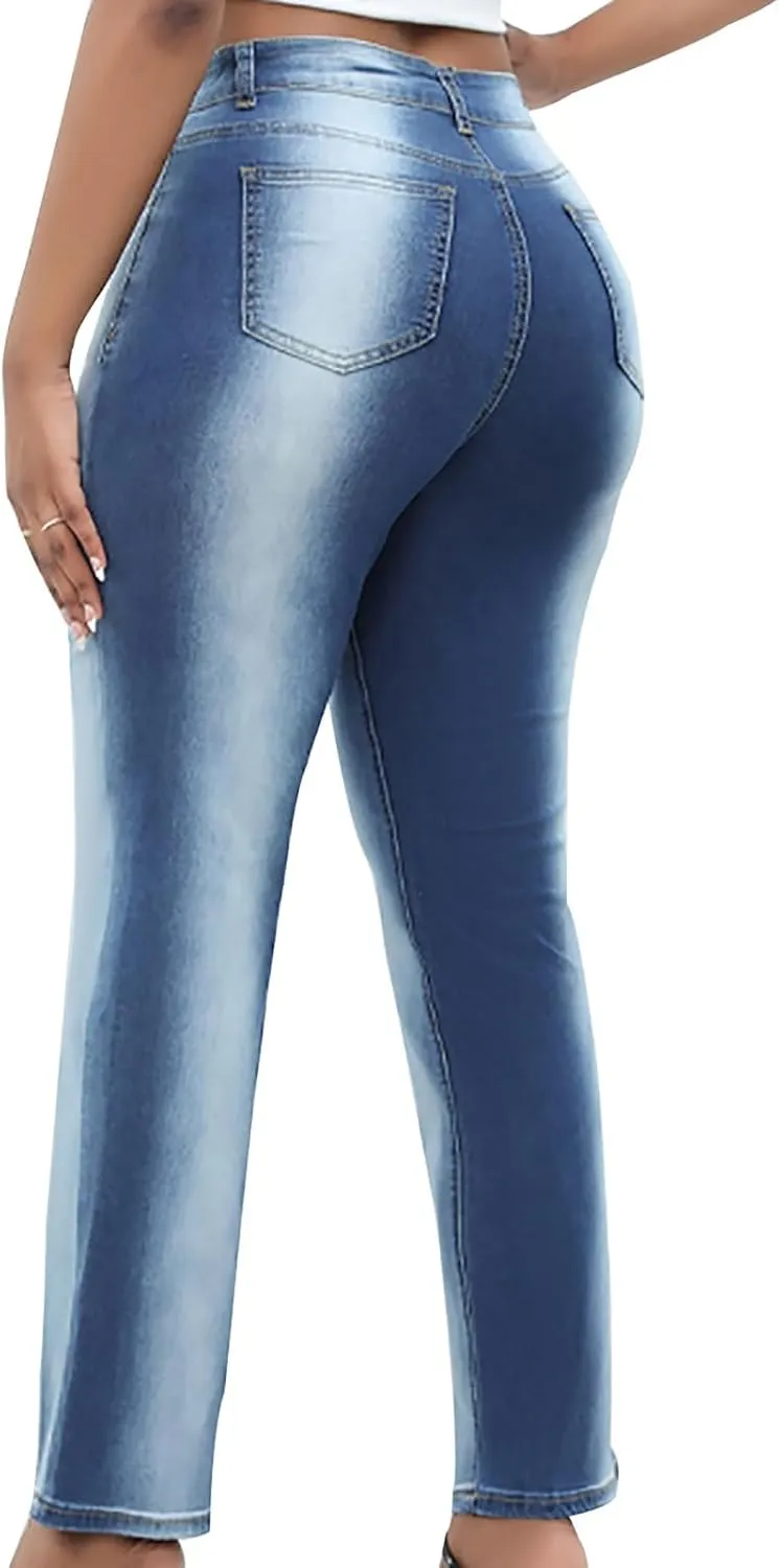 HGps8w Women's Plus Size Gradient Flare Jeans, Chic High Waisted Skinny Casual Streetwear Denim Pants with Pockets