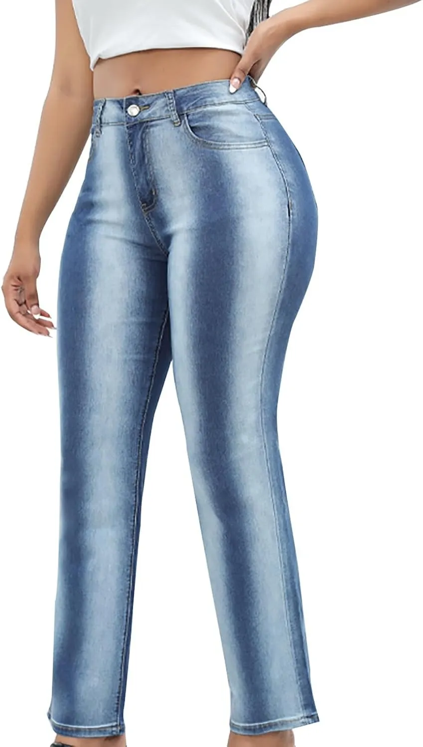 HGps8w Women's Plus Size Gradient Flare Jeans, Chic High Waisted Skinny Casual Streetwear Denim Pants with Pockets