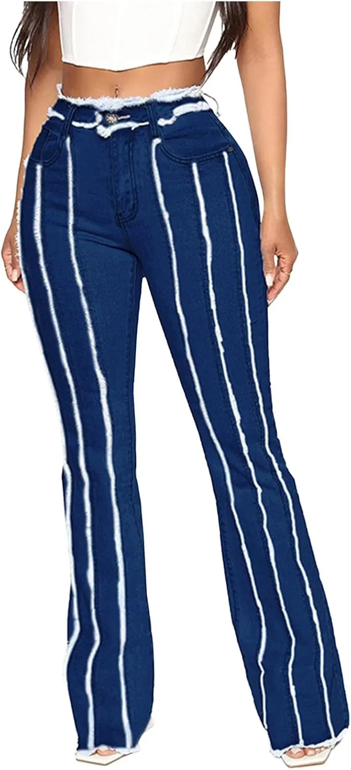 HGps8w Women's Vertical Stripes Flare Jeans, Chic Ripped Destroyed Trim Raw High Waisted Stretchy Skinny Denim Pants