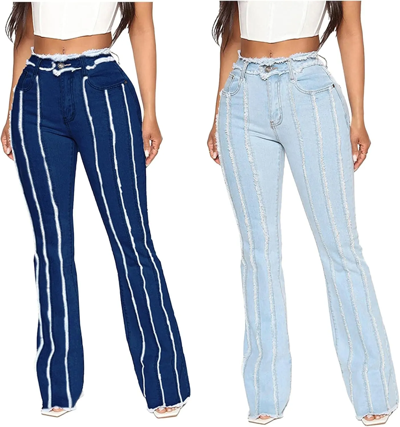HGps8w Women's Vertical Stripes Flare Jeans, Chic Ripped Destroyed Trim Raw High Waisted Stretchy Skinny Denim Pants
