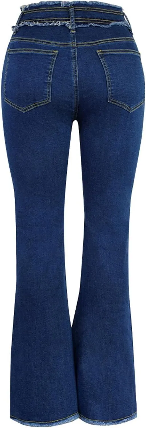 HGps8w Women's Vertical Stripes Flare Jeans, Chic Ripped Destroyed Trim Raw High Waisted Stretchy Skinny Denim Pants