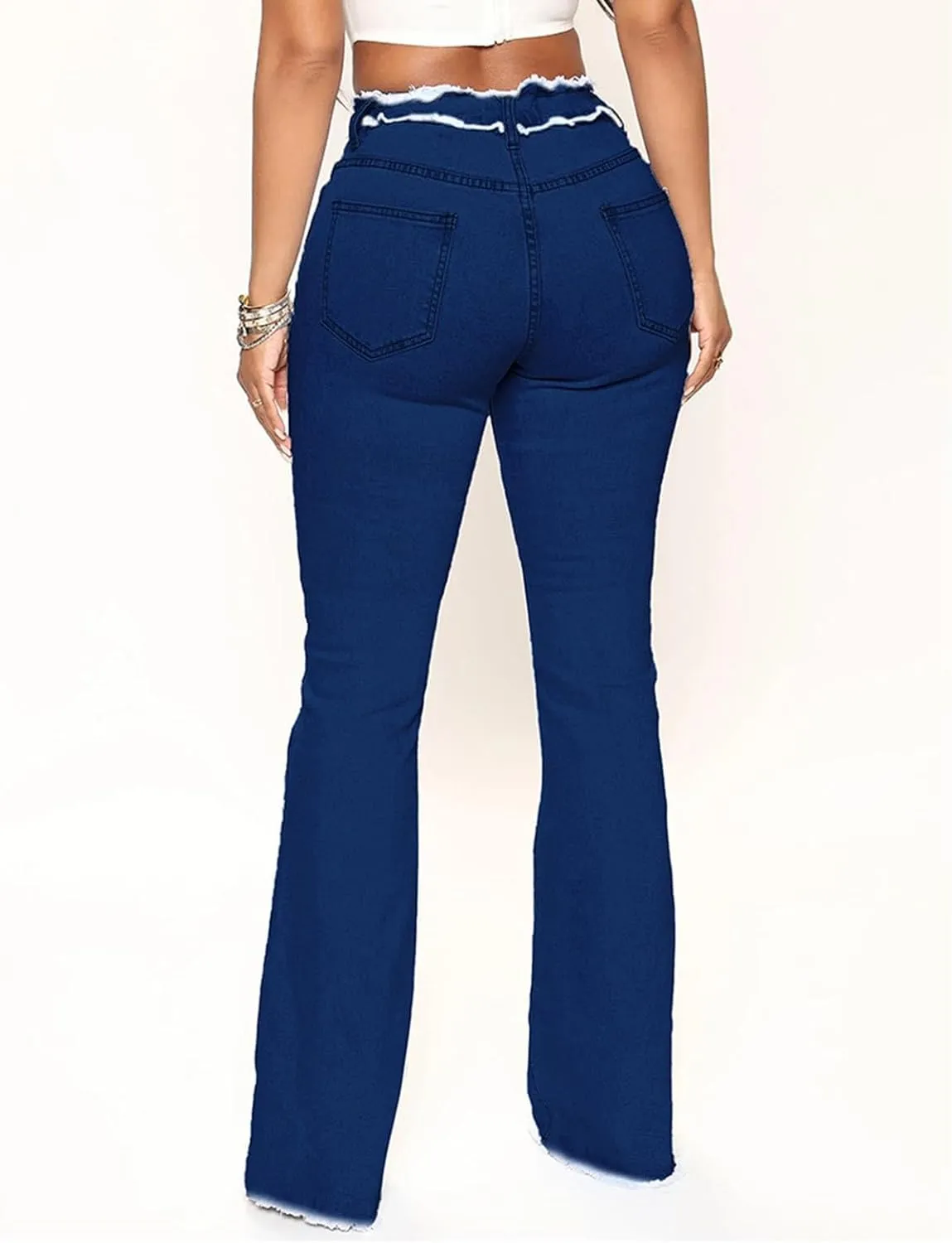 HGps8w Women's Vertical Stripes Flare Jeans, Chic Ripped Destroyed Trim Raw High Waisted Stretchy Skinny Denim Pants