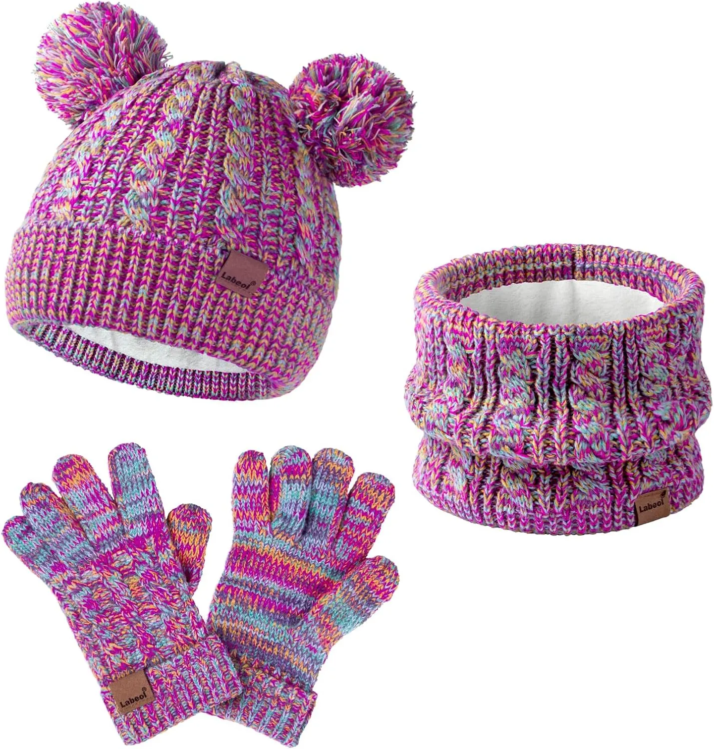 Kids Pompom Winter Hat Gloves Scarf Set,Girls Children Beanie Hat with Pom Neck Warmer Gaiter Mittens Fleece Lined Set Multi