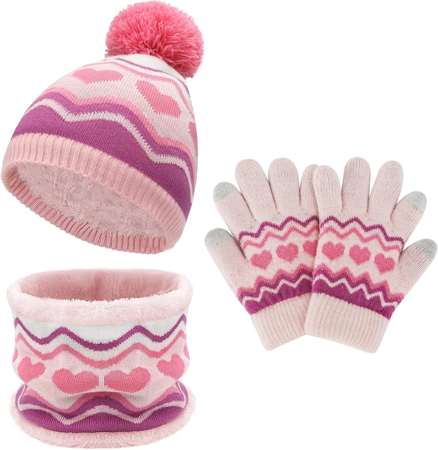 Kids Toddlers Winter Knit Warm Beanie Hat Scarf Gloves Set for Boys Girls Age 2-7, Pompom Cap Neck Warmer Gloves Fleece Lined