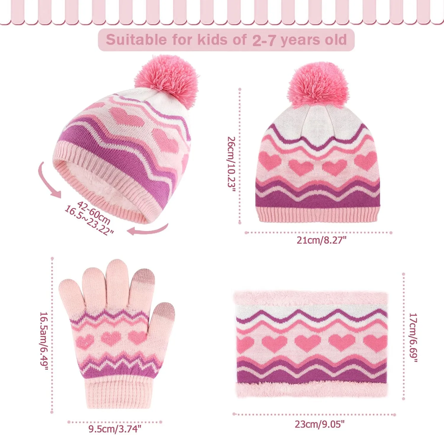 Kids Toddlers Winter Knit Warm Beanie Hat Scarf Gloves Set for Boys Girls Age 2-7, Pompom Cap Neck Warmer Gloves Fleece Lined