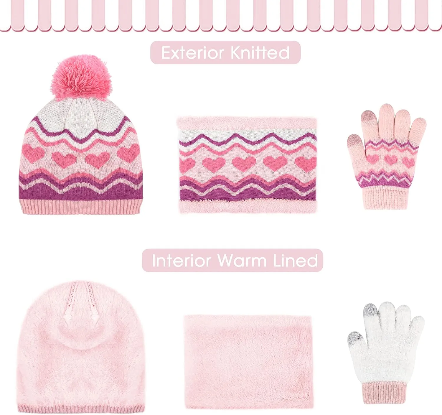 Kids Toddlers Winter Knit Warm Beanie Hat Scarf Gloves Set for Boys Girls Age 2-7, Pompom Cap Neck Warmer Gloves Fleece Lined