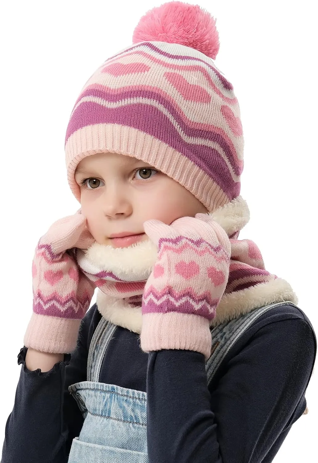 Kids Toddlers Winter Knit Warm Beanie Hat Scarf Gloves Set for Boys Girls Age 2-7, Pompom Cap Neck Warmer Gloves Fleece Lined