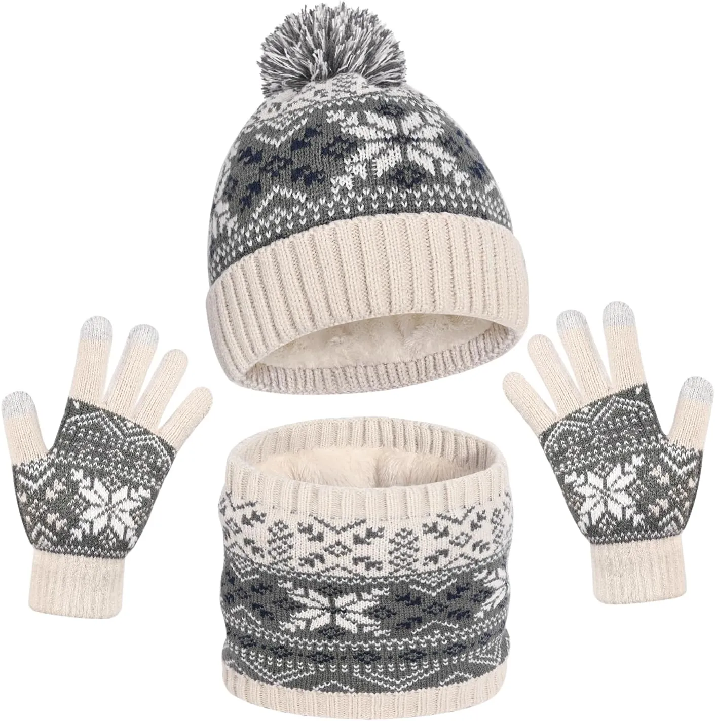 Kids Winter Knit Beanie Hat Scarf Gloves Set for Toddler Girls Boys with Pompom,Child Fleece Lining Hat Scarf Gloves