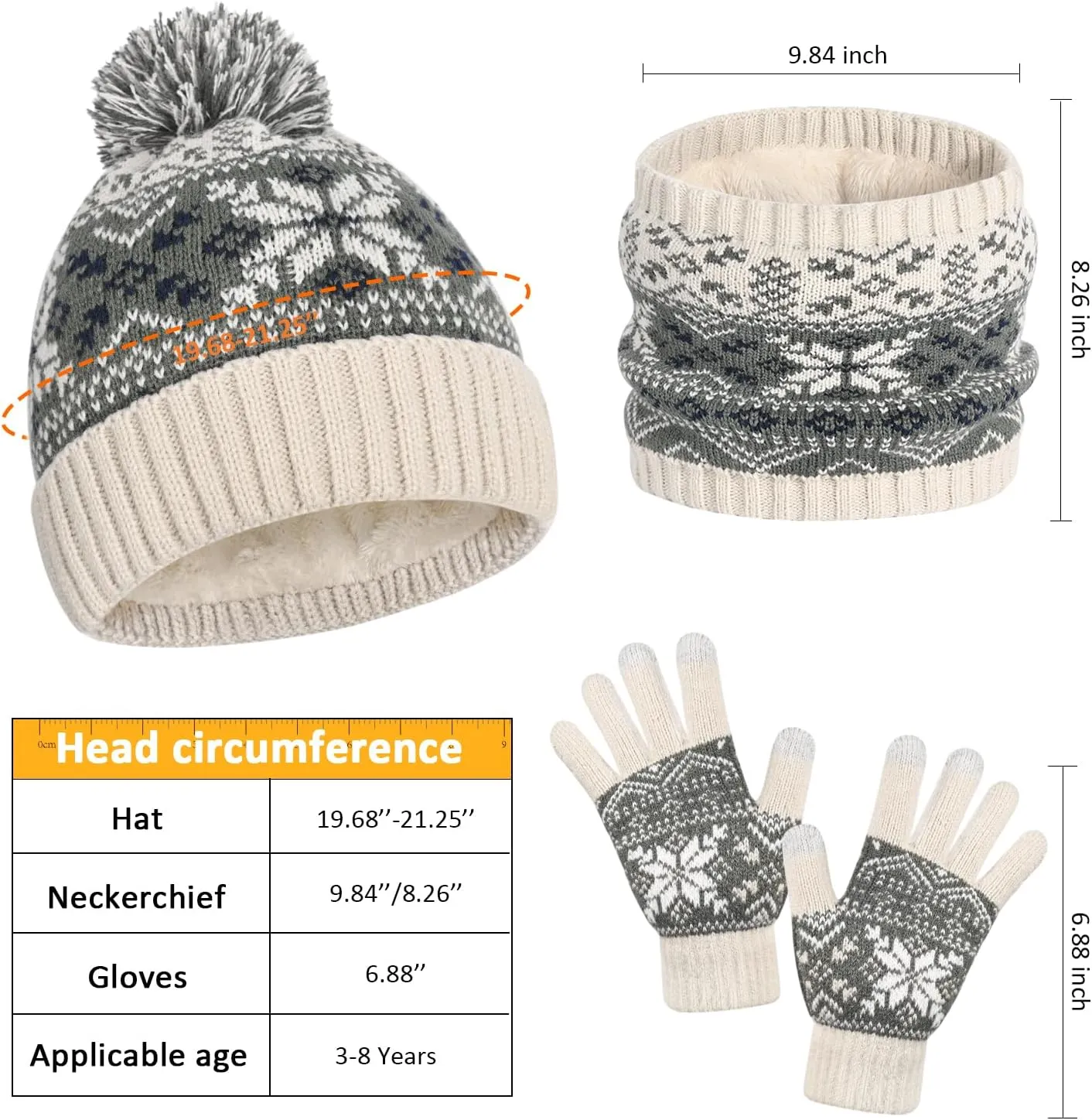 Kids Winter Knit Beanie Hat Scarf Gloves Set for Toddler Girls Boys with Pompom,Child Fleece Lining Hat Scarf Gloves