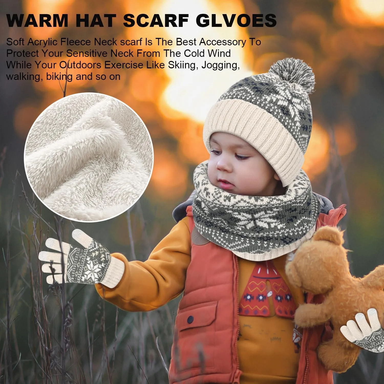 Kids Winter Knit Beanie Hat Scarf Gloves Set for Toddler Girls Boys with Pompom,Child Fleece Lining Hat Scarf Gloves