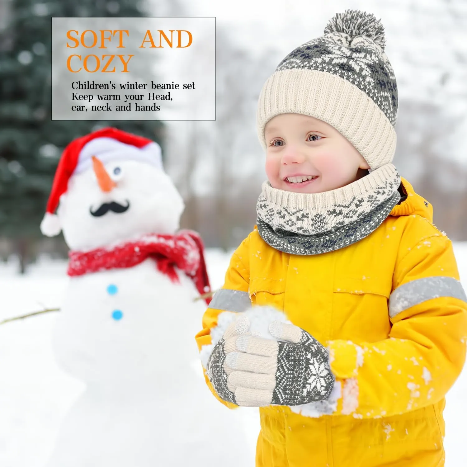 Kids Winter Knit Beanie Hat Scarf Gloves Set for Toddler Girls Boys with Pompom,Child Fleece Lining Hat Scarf Gloves
