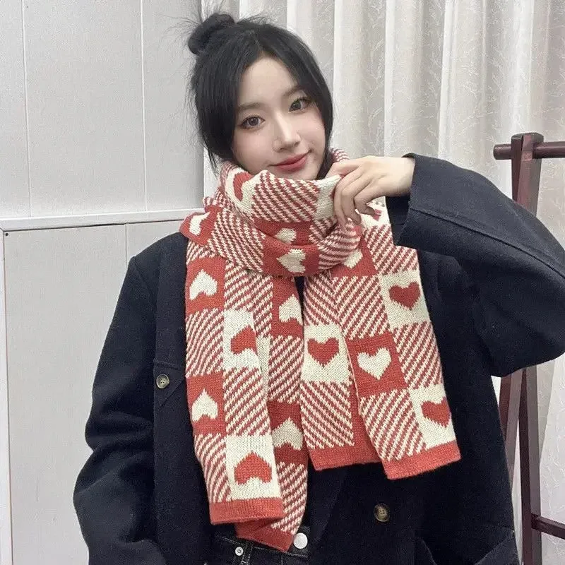 Knitted Plaid Love Heart Pattern Winter Scarves