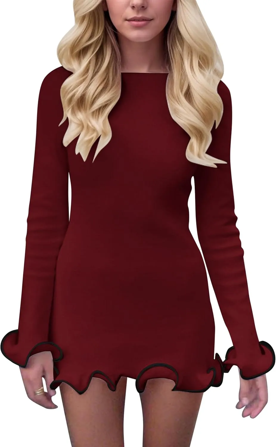 Meladyan Women's Boat Neck Long Sleeve Sweater Dress Knitted Ruffle Hem Mini Dress Cute Frill Tirm Bodycon Short Dress