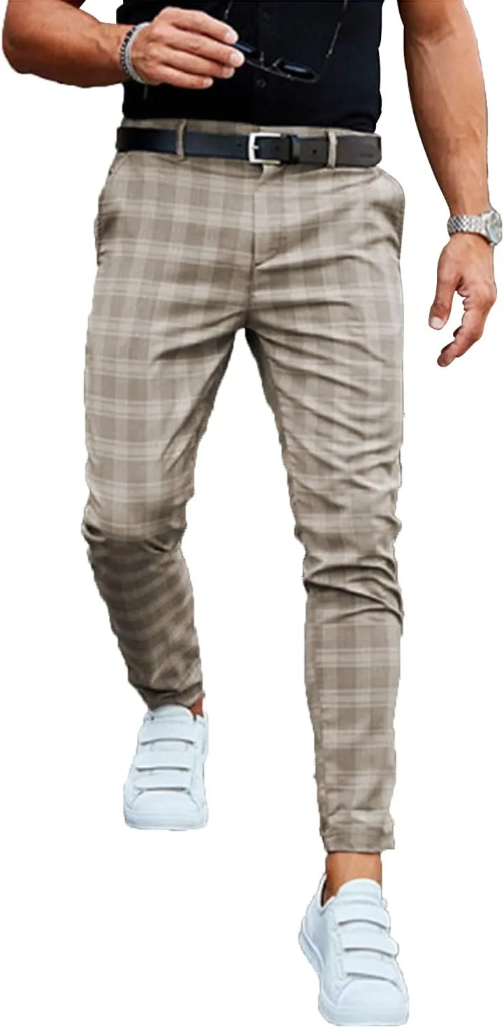 Men's Checkered Fit Fashion Chinos Trousers Casual Plaid Pants Modern Comfort Stretch Flat-Front Skinny Sweatpants