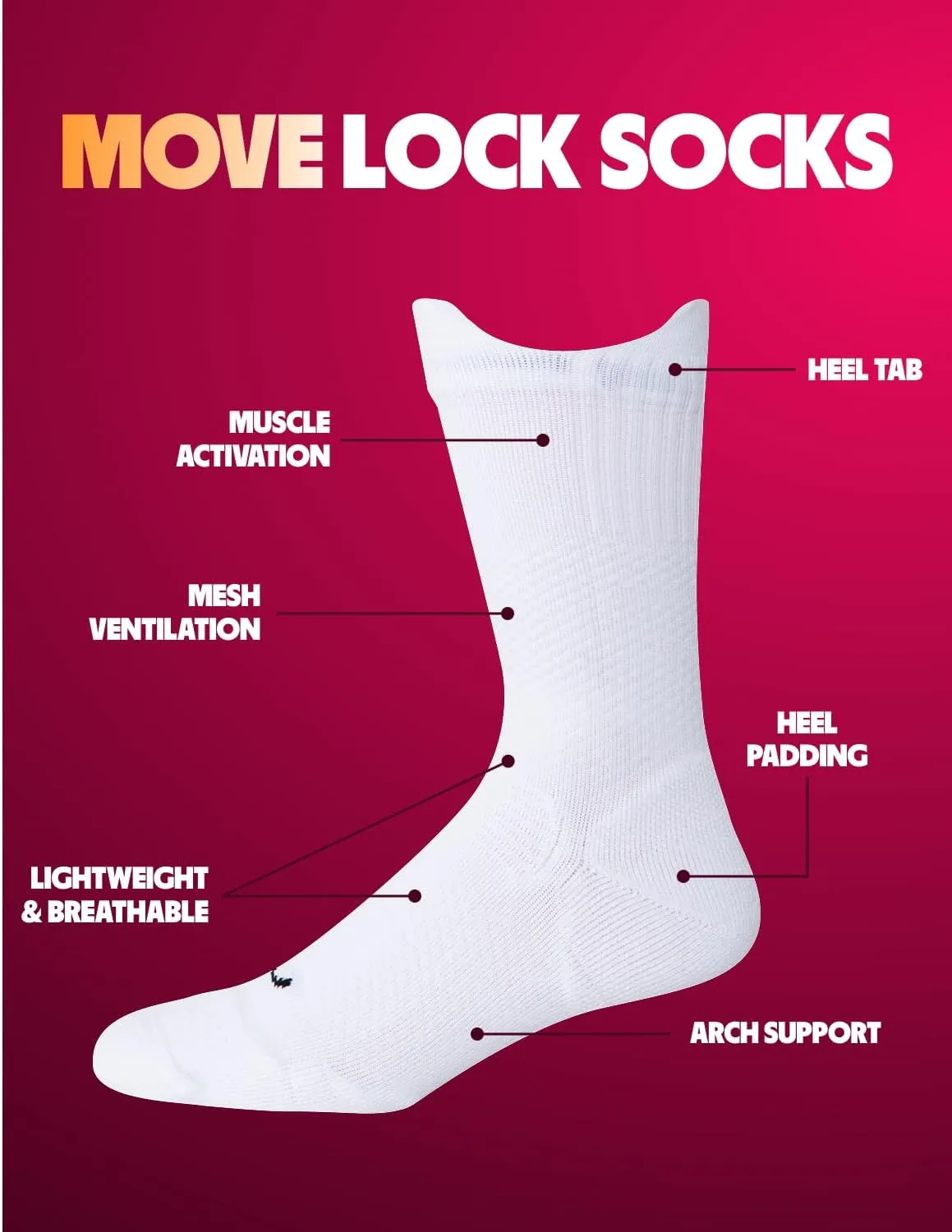 Move Compression Lock Socks - Basketball Sports Crew socks with Shock Absorption, Anti-Blister, Moisture Wicking-25-35mmHG