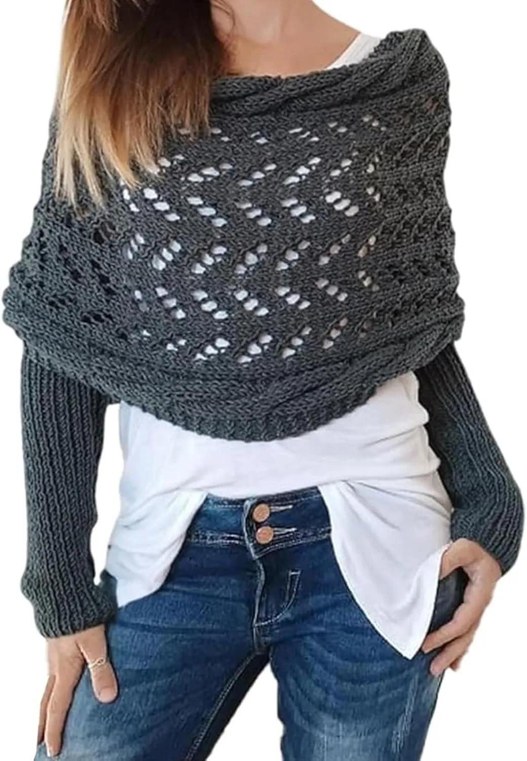 Multifunctional Scarf with Sleeves, Knitted Cable Wrap, Shrugs for Women, Knitted Wrap, Crochet Scarf with Sleeves
