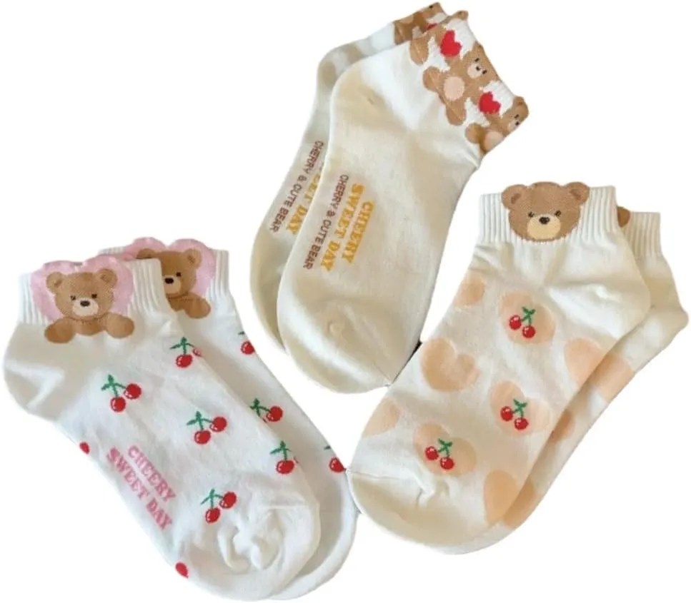Nigeiyeme 3 Pairs Women Cute Cartoon Animal Casual Low Cut Ankle Socks Fun Bear Patterned No Show Socks Novelty Gifts