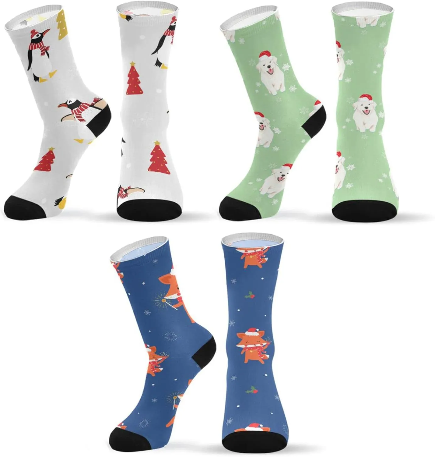 Novelty Fun Christmas Socks for Women Men Cozy Dress Crew Socks Cute Penguin Christmas Dog Cute Fox Patterned Socks Funny Colorful Funky Socks Packs Xmas Gift, 3 Pairs