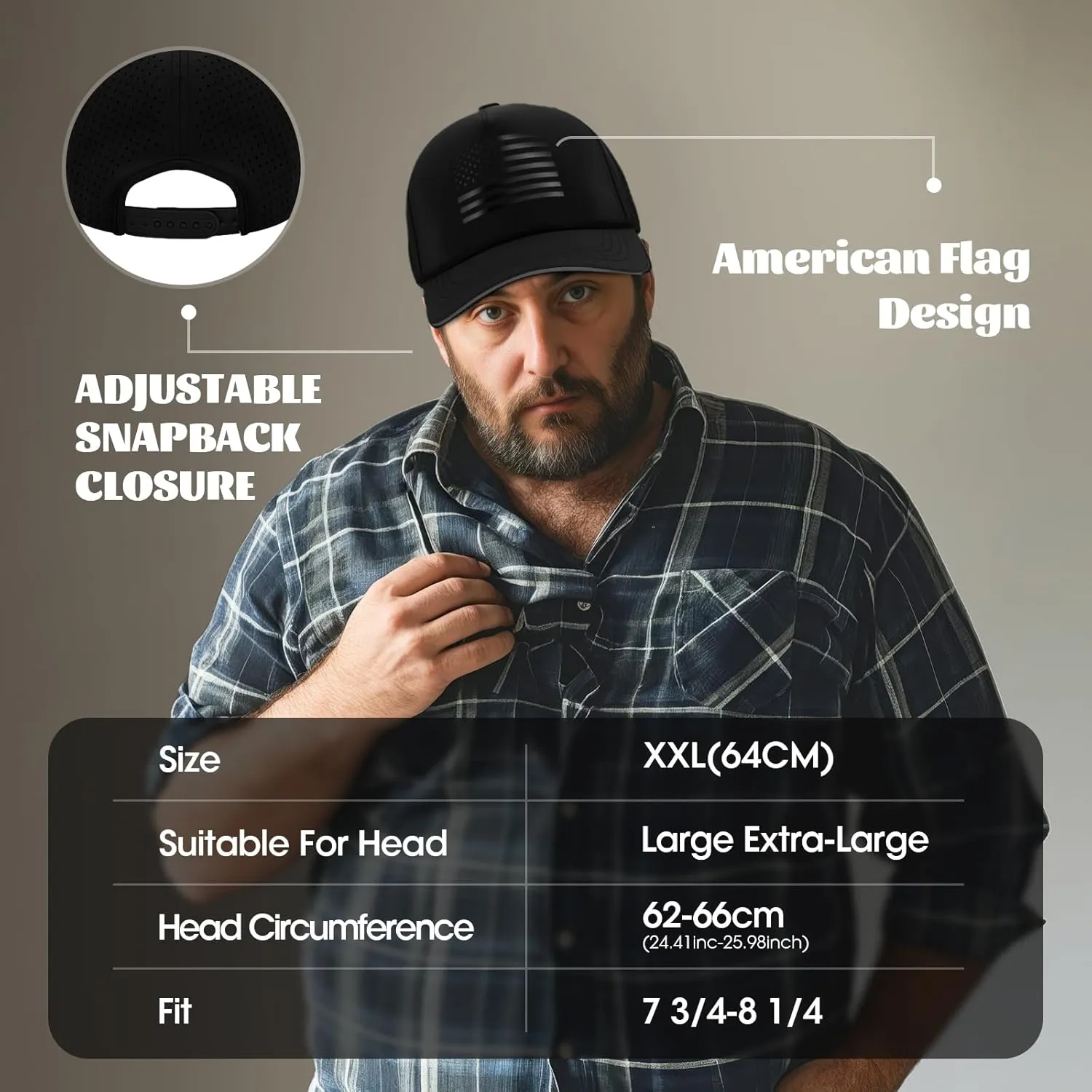 Oversize XL XXL XXXL American Flag Trucker Hat, Waterproof Quick Dry Snapback Hats, Large USA Baseball Cap for Men Big Heads