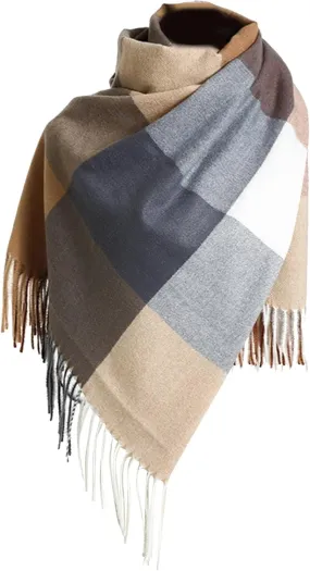 Plaid Check and Solid Cashmere Feel Winter Scarf Warm Scarfs Cold Weather Accessories Fringe Scarves Scarves Wraps