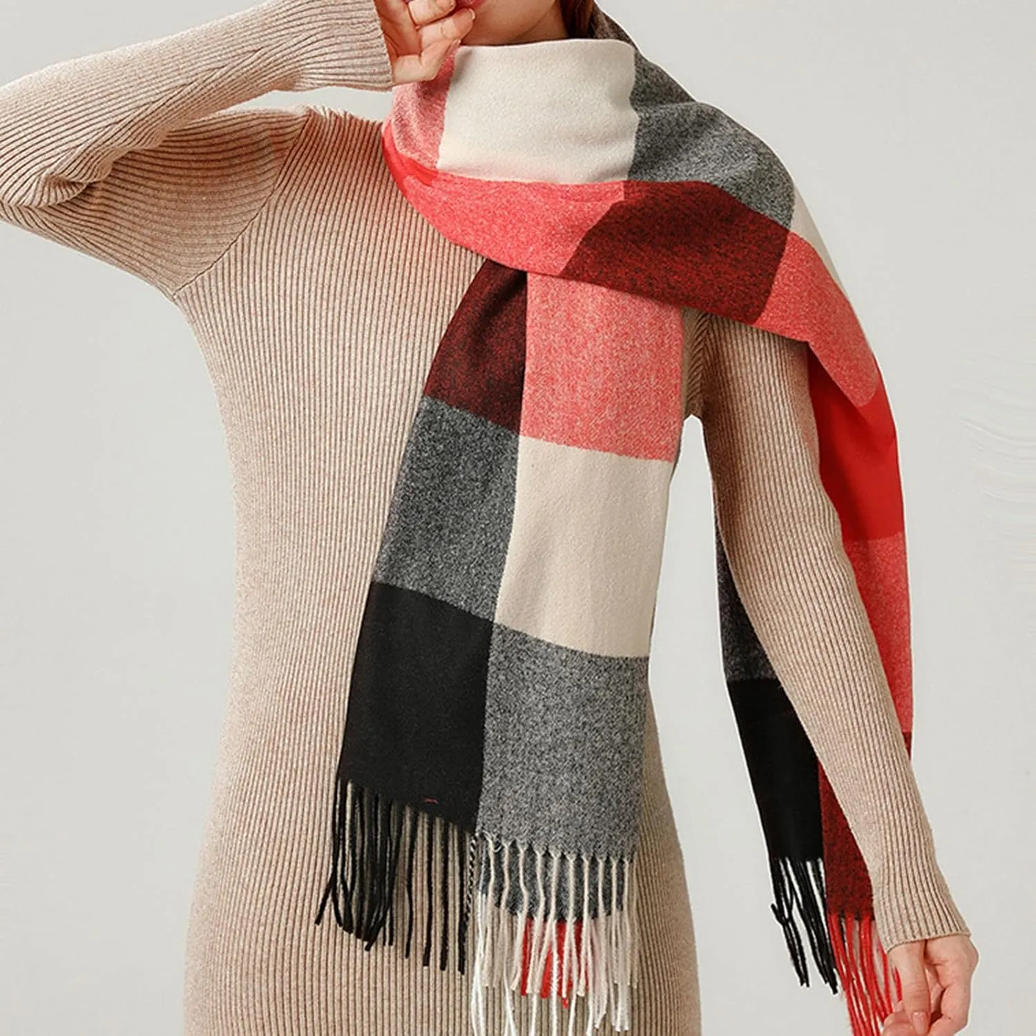 Plaid Check and Solid Cashmere Feel Winter Scarf Warm Scarfs Cold Weather Accessories Fringe Scarves Scarves Wraps