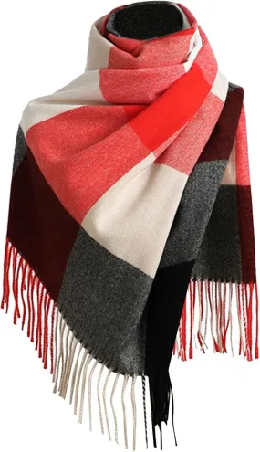 Plaid Check and Solid Cashmere Feel Winter Scarf Warm Scarfs Cold Weather Accessories Fringe Scarves Scarves Wraps