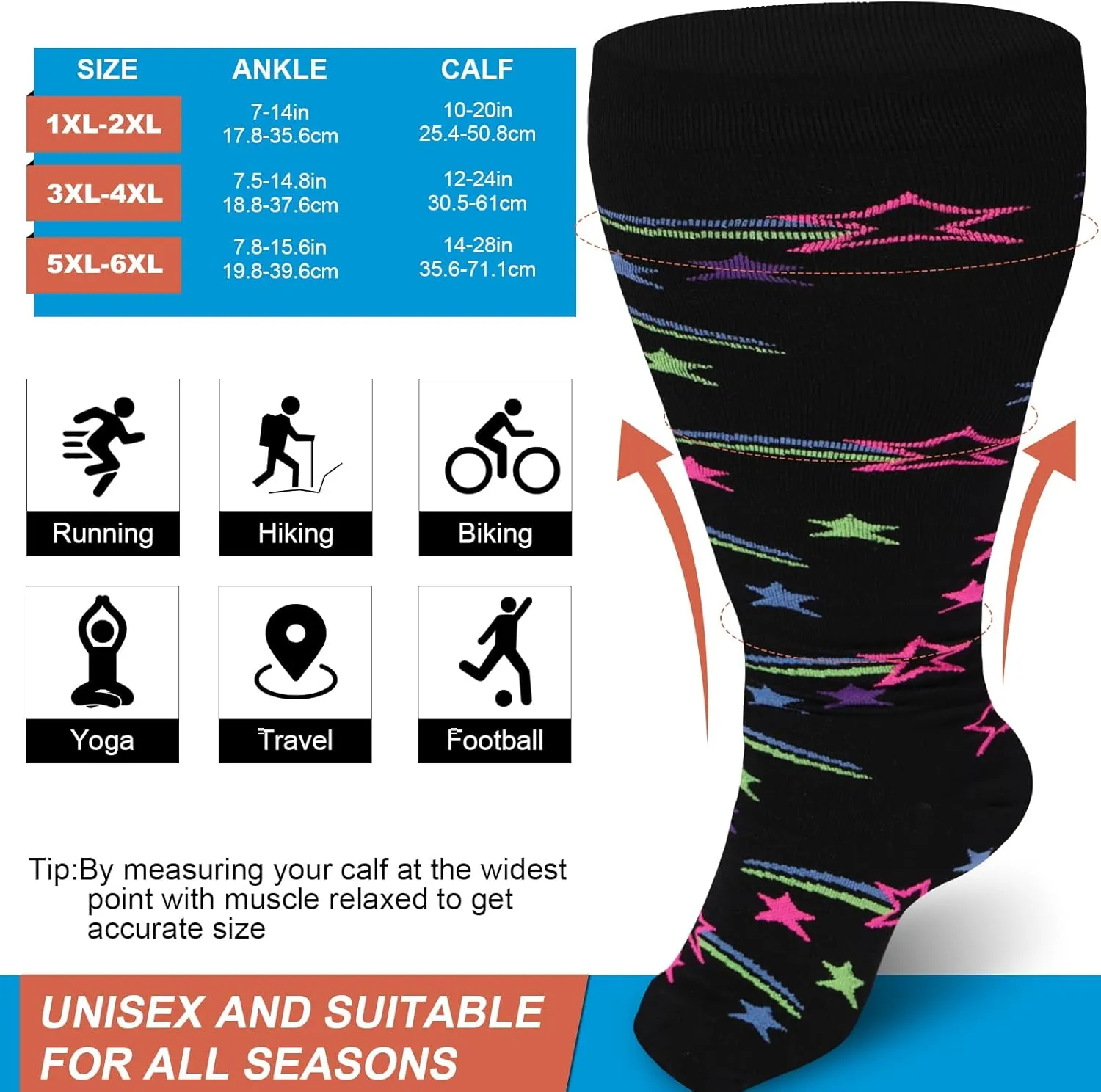 Plus Size Compression Socks for Women & Men Wide Calf 15-20 mmhg Knee High Support Socks for Running