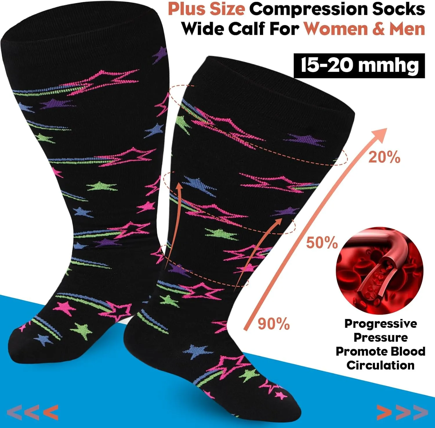 Plus Size Compression Socks for Women & Men Wide Calf 15-20 mmhg Knee High Support Socks for Running