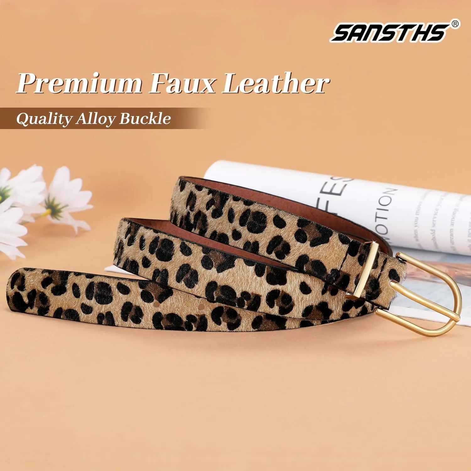 SANSTHS Women Faux Leather Chic Belts for Jeans Pants Fashion Ladies Belt Solid Color with Gold Curved Pin Buckle