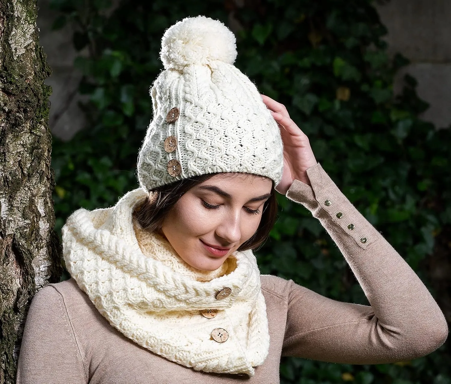 SAOL Ladies Scarf Coconut Buttons Wool Snood Scarves Made in Ireland