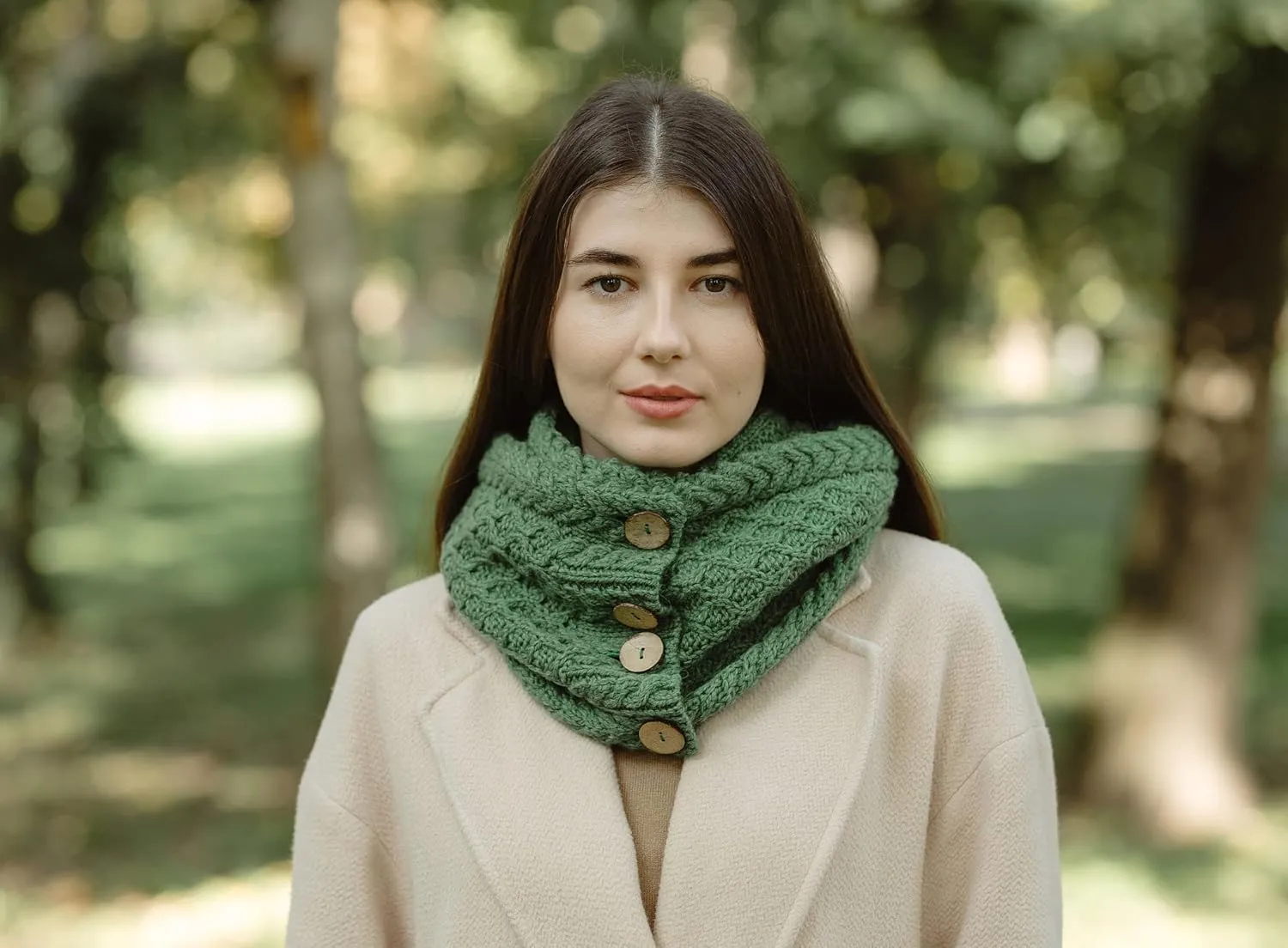 SAOL Ladies Scarf Coconut Buttons Wool Snood Scarves Made in Ireland