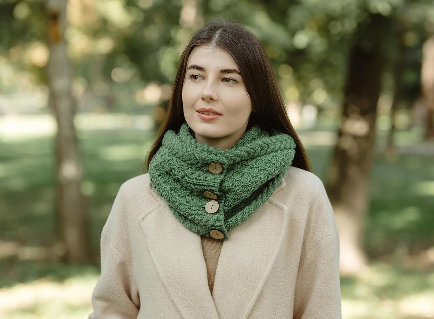 SAOL Ladies Scarf Coconut Buttons Wool Snood Scarves Made in Ireland