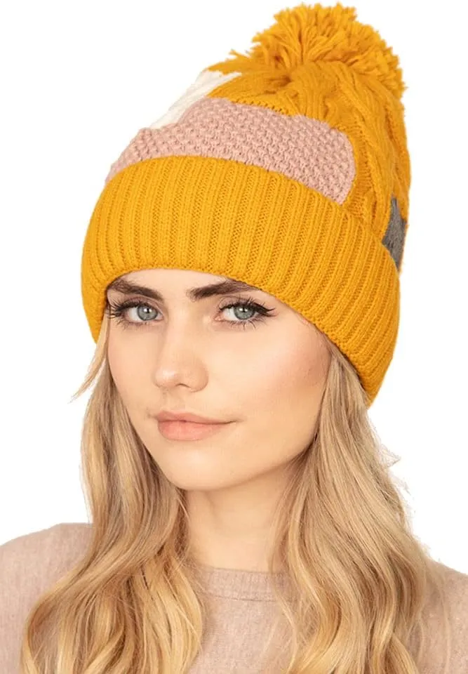 ScarvesMe Women's Trendy Winter Colorblock Patch Fleece Knit Beanie with Pom
