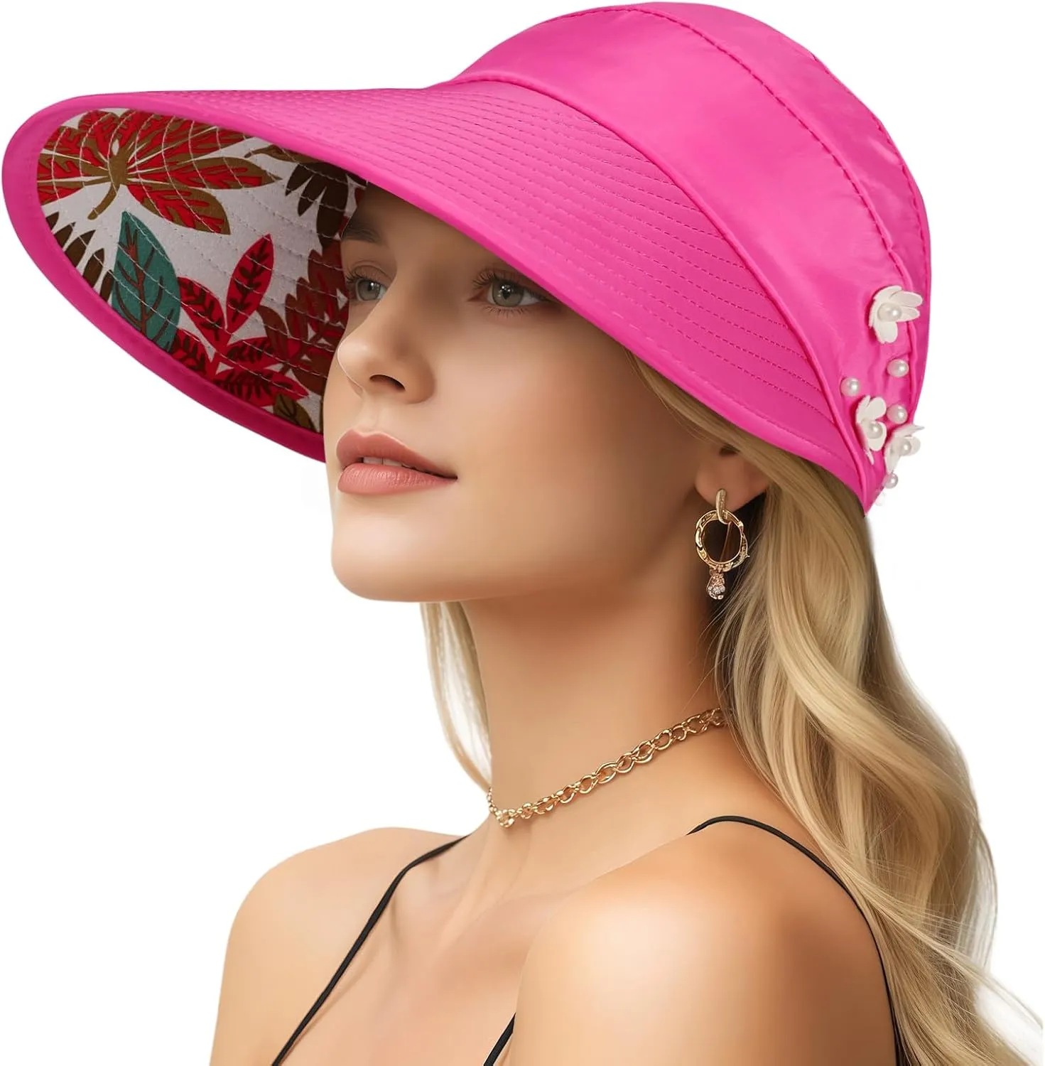 Sun Hats for Women, Wide Brim Beach Hats UV Protection, Packable Visor Ponytail Sunhat for Summer