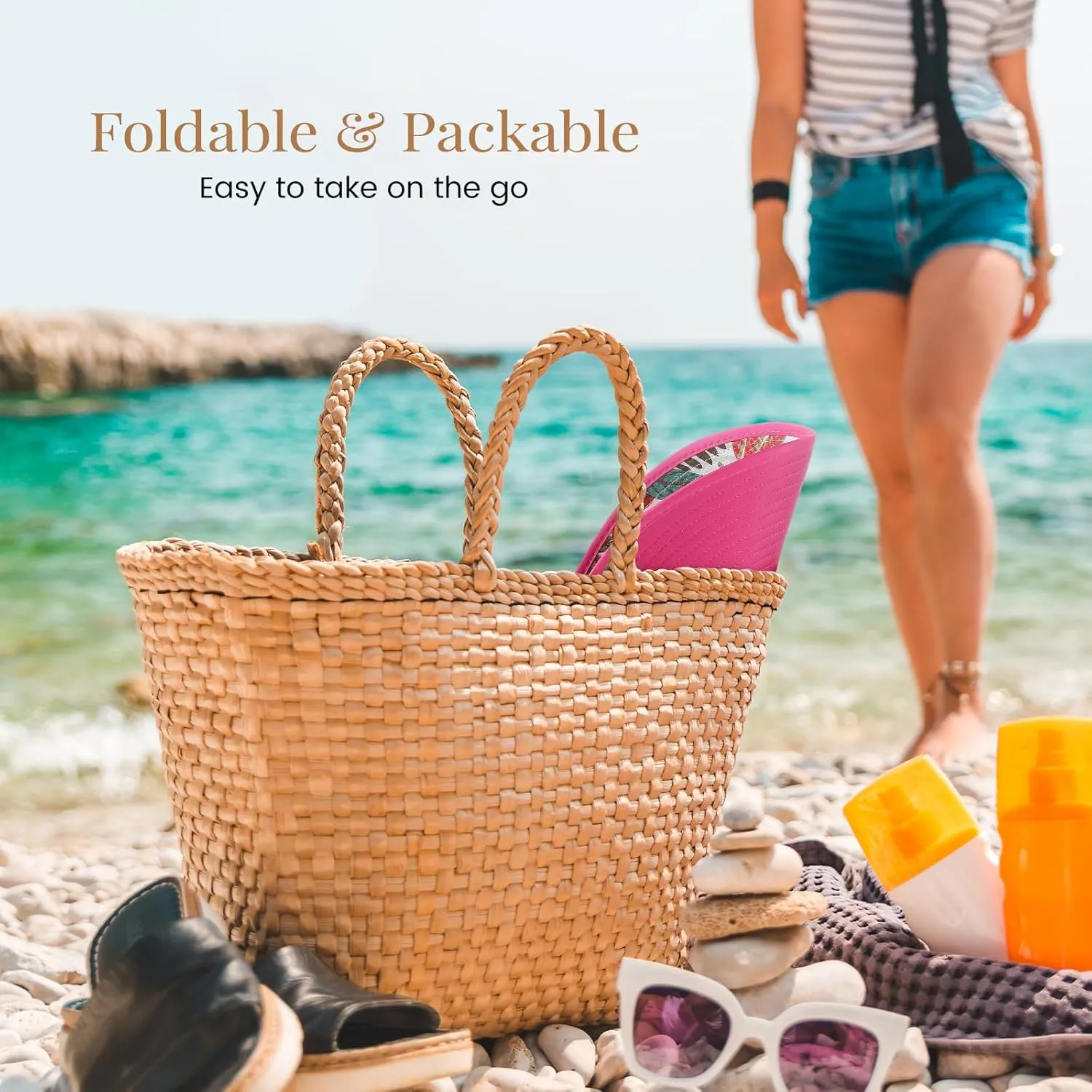 Sun Hats for Women, Wide Brim Beach Hats UV Protection, Packable Visor Ponytail Sunhat for Summer