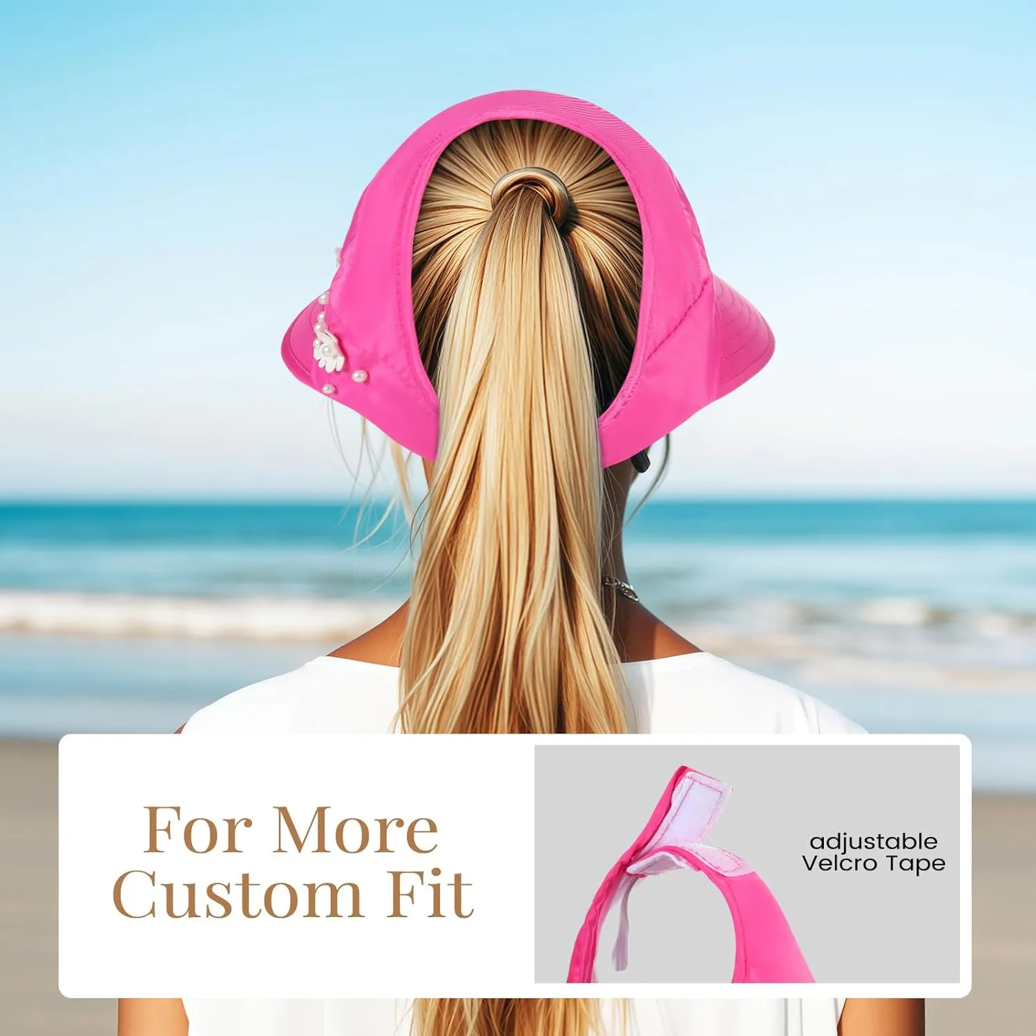 Sun Hats for Women, Wide Brim Beach Hats UV Protection, Packable Visor Ponytail Sunhat for Summer