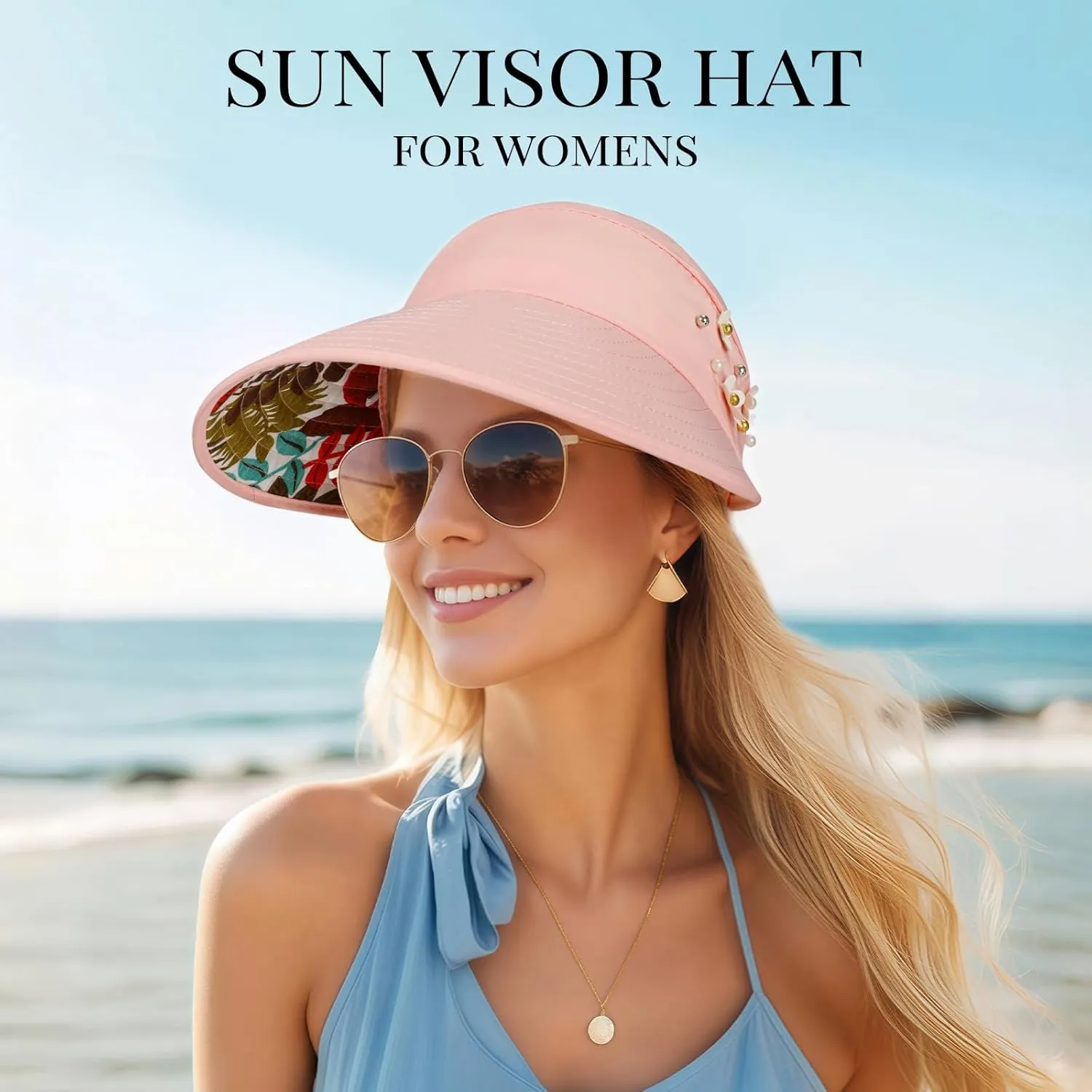 Sun Hats for Women, Wide Brim Beach Hats UV Protection, Packable Visor Ponytail Sunhat for Summer