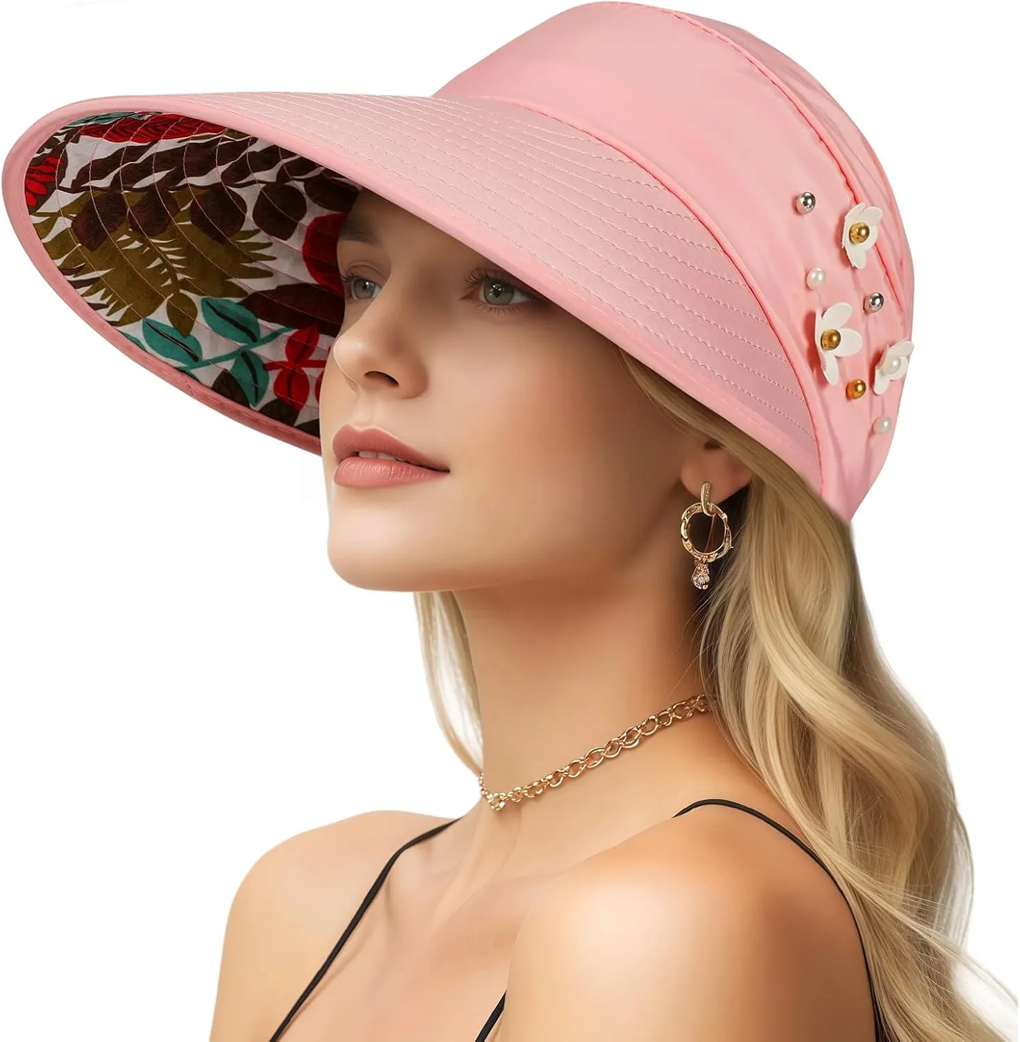 Sun Hats for Women, Wide Brim Beach Hats UV Protection, Packable Visor Ponytail Sunhat for Summer