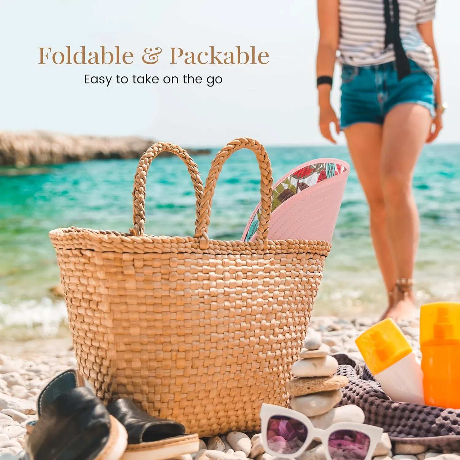 Sun Hats for Women, Wide Brim Beach Hats UV Protection, Packable Visor Ponytail Sunhat for Summer