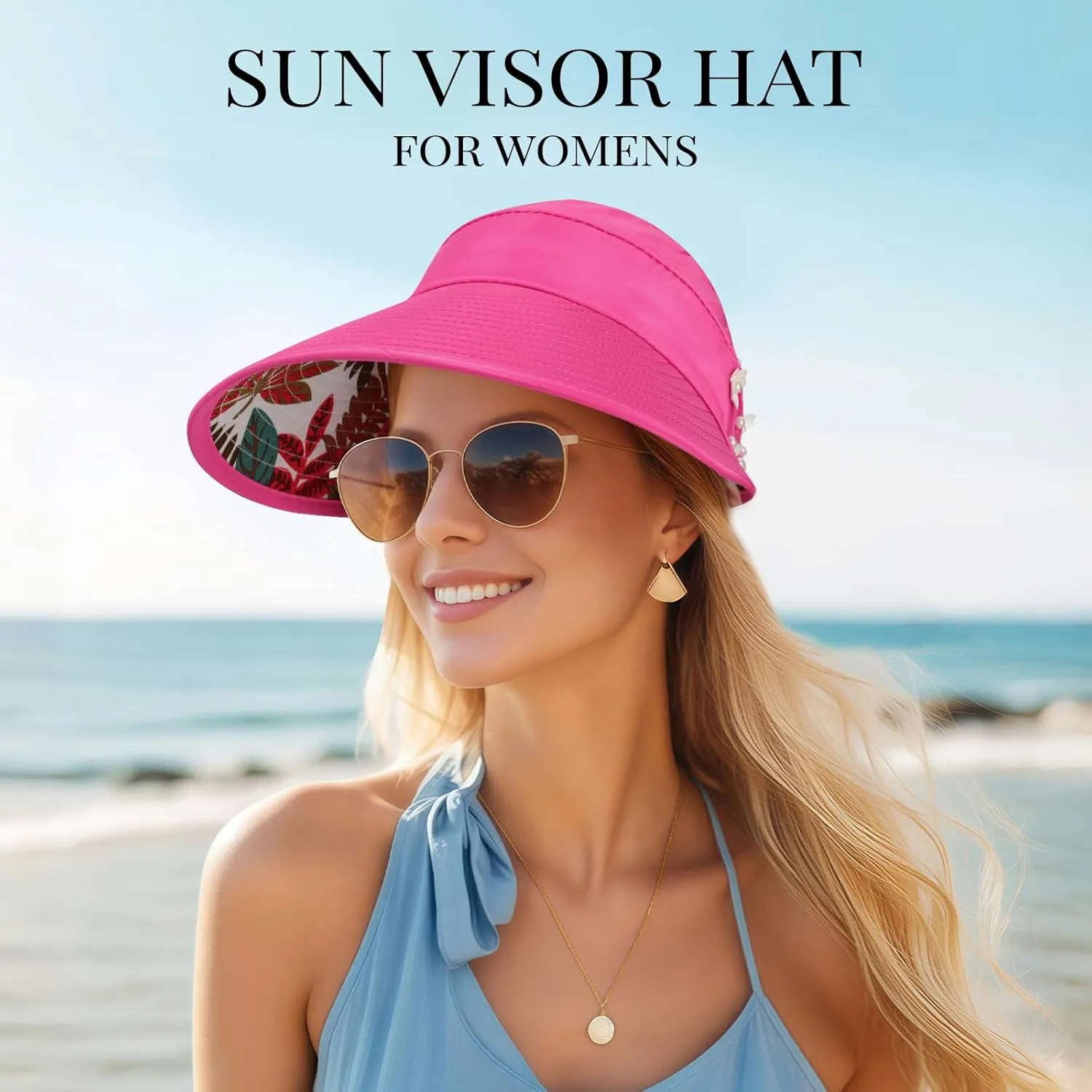 Sun Hats for Women, Wide Brim Beach Hats UV Protection, Packable Visor Ponytail Sunhat for Summer