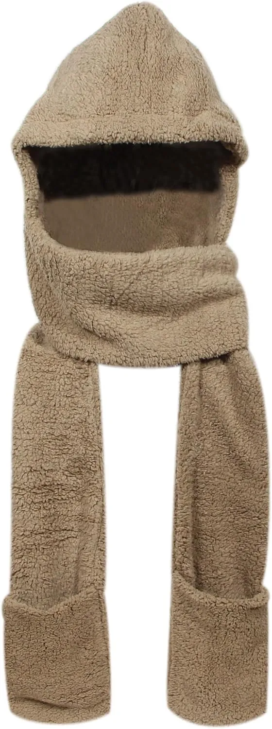 Super Soft Fleece Women’s Hooded Scarf & Hat W/Glove Pockets