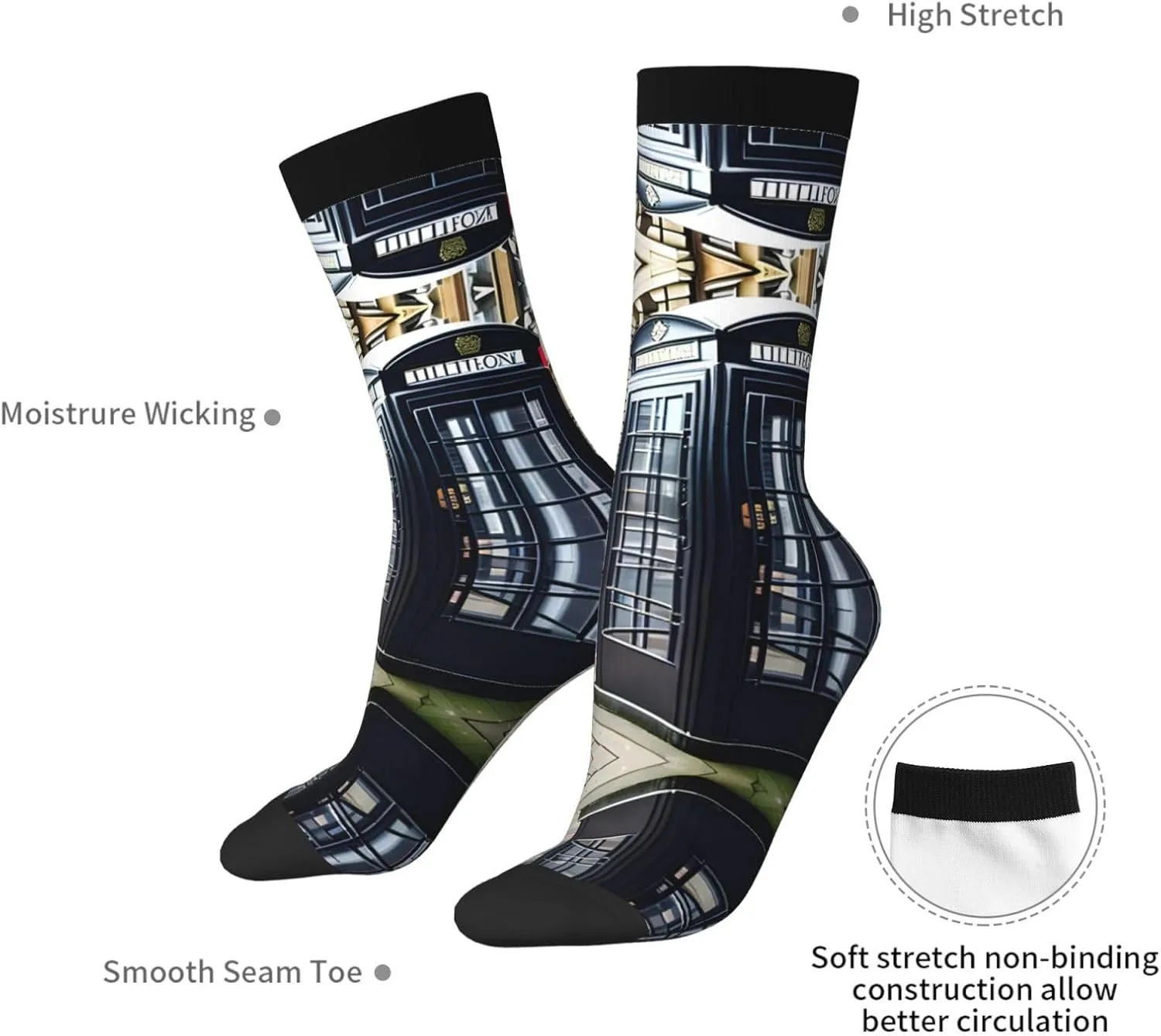 Telephone Booth Print Fun Contrast Socks,Novel Crazy Cool Socks,Pattern Funky Novelty Socks,Unisex Bulk Socks