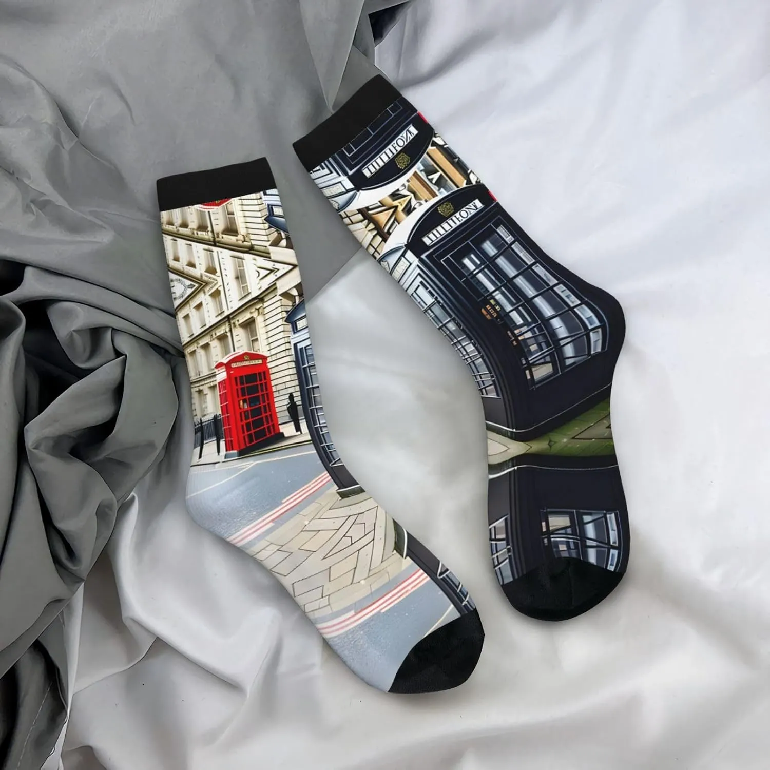 Telephone Booth Print Fun Contrast Socks,Novel Crazy Cool Socks,Pattern Funky Novelty Socks,Unisex Bulk Socks