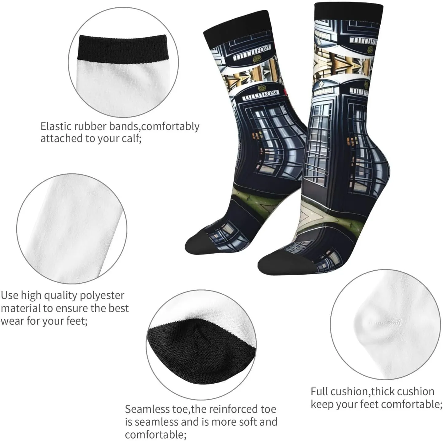 Telephone Booth Print Fun Contrast Socks,Novel Crazy Cool Socks,Pattern Funky Novelty Socks,Unisex Bulk Socks