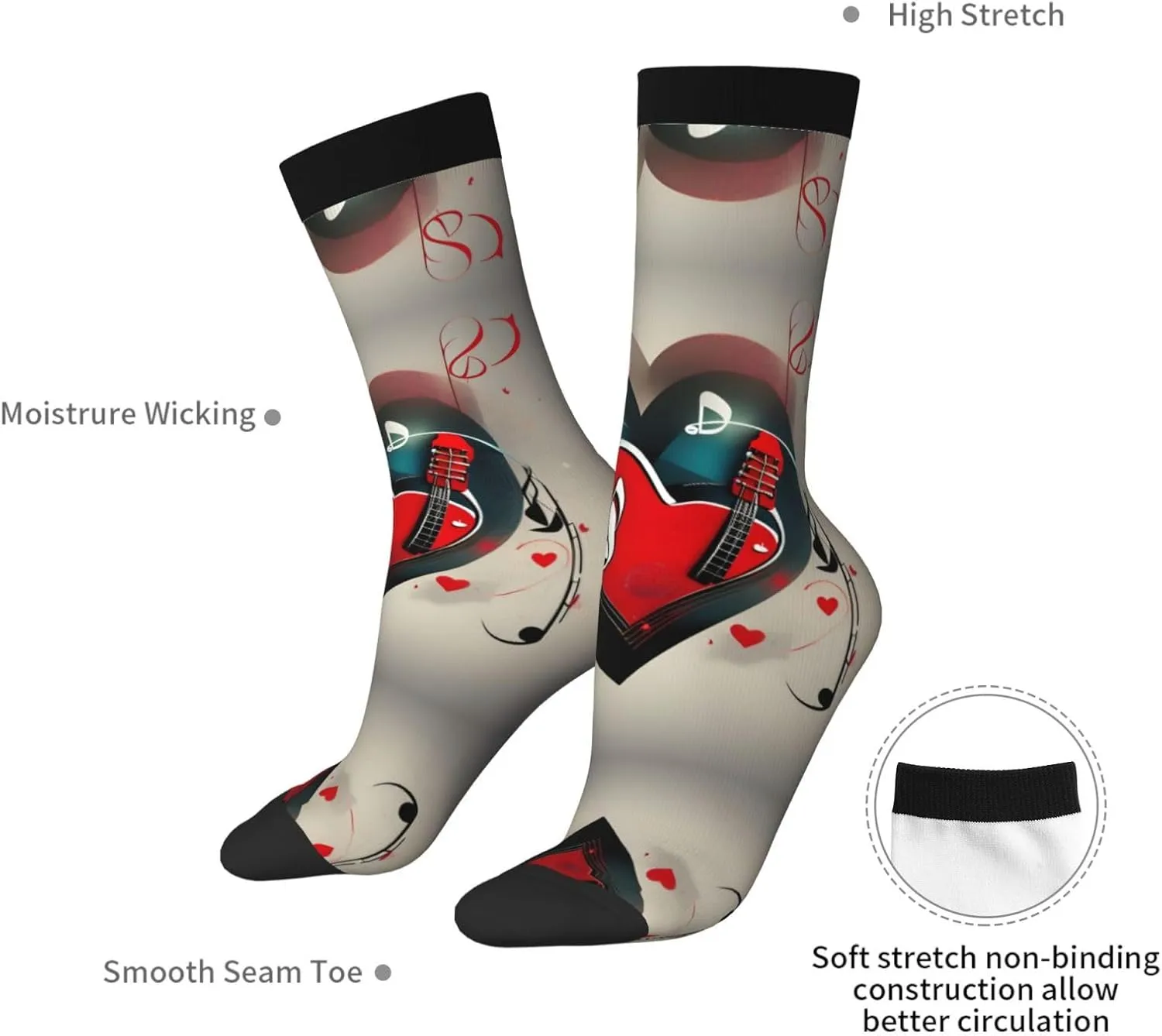 Treble Love And Music Print Fun Contrast Socks,Novel Crazy Cool Socks,Pattern Funky Novelty Socks,Unisex Bulk Socks